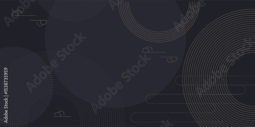 Geometric decorative background in Asian style for web, app, landing. Modern dynamic editable abstract geo different shapes such gold lines, semicircle in random order. Minimalist dark wallpaper.
