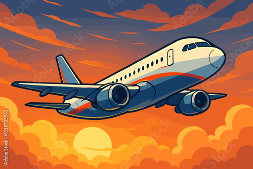 Airplane flying in an orange sunset sky with clouds. Commercial airliner jet on a journey. Vector illustration for travel, tourism, and transportation concepts. Cartoon flight scene.