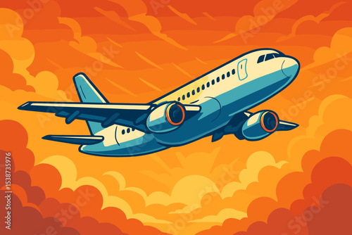 Passenger airplane flying at sunset vector illustration. Commercial jet airliner cruising in the warm orange sky above the clouds. Concept for air travel, tourism, vacation, journey.