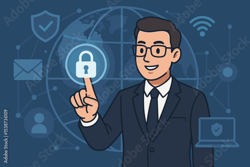 Cybersecurity concept with businessman touching a padlock icon. IT specialist ensures network security and data protection. Global internet privacy and technology background vector.