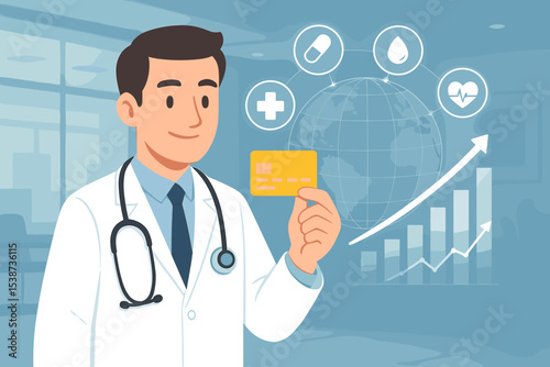 Doctor holds credit card for medical insurance payment. Healthcare business growth and finance concept. Global health services with increasing graph and chart. Hospital economy.