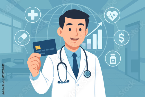 Doctor holds a credit card for medical payment, concept of healthcare costs and health insurance. Business growth chart, finance, and economy in medicine vector illustration.