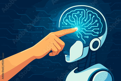 Human hand touching robot brain. AI concept with glowing neural network. Artificial intelligence, technology and future interaction. Machine learning, innovation and cybernetics.