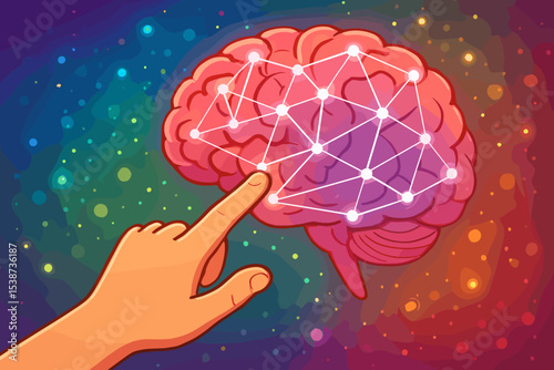 Finger touching a brain with a glowing neural network. Artificial intelligence concept. Metaphor for psychology, neuroscience, creativity, learning, and consciousness. Mind power vector.
