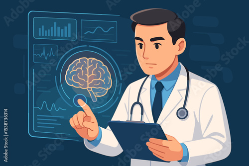 Doctor analyzing human brain on a futuristic virtual screen with data. Concept for neurology, neuroscience, medical research, health tech, AI in medicine, and patient diagnosis.