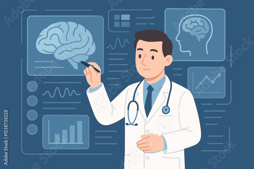 Doctor neurologist analyzing brain scan results on a futuristic virtual screen. Medical diagnosis concept with data charts. Neuroscience, neurology research, and modern healthcare technology.