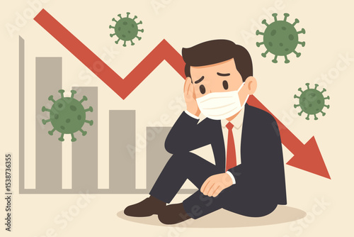 Stressed businessman in a face mask sits near a falling graph showing economic crisis from the pandemic. Concept of financial recession, stock market crash, and business failure.