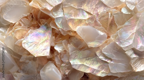 Nacre fracture background with iridescent aragonite tablets in pearl, biomineralization texture.