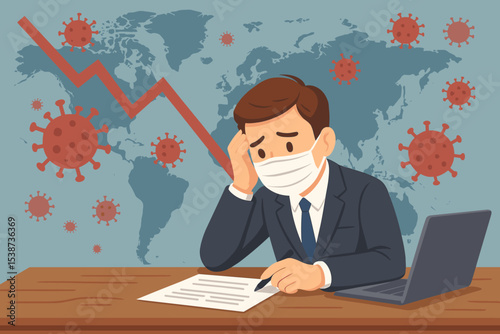 Stressed businessman in face mask worries about pandemic economic impact. Global financial crisis and recession concept. Man at desk with falling stock market chart and virus.