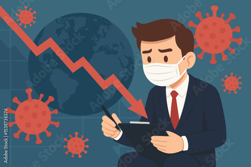 Economic crisis and global recession due to coronavirus pandemic. Worried businessman wearing face mask. Stock market crash concept with downward arrow graph. Financial impact.