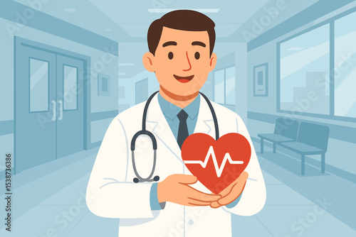 Cardiologist doctor holding red heart with heartbeat line. Concept of cardiology, medical care, health checkup. Physician in a hospital corridor. Healthcare and insurance vector.