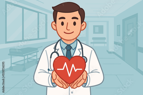 Friendly cardiologist doctor character holding a heart with ECG pulse line in hospital corridor. Healthcare and medical vector illustration for cardiology, health checkup, and support.