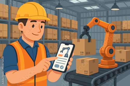 Smart warehouse automation. Industry 4.0 technology. Engineer controlling robotic arm with smartphone app. Logistics and supply chain management. Robot moving boxes on conveyor belt.