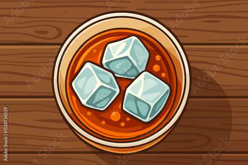 Glass of whiskey with ice cubes on a wooden table, top view. Vector illustration of a cold alcoholic drink. Bourbon or scotch on the rocks concept for bar, pub, restaurant menu.