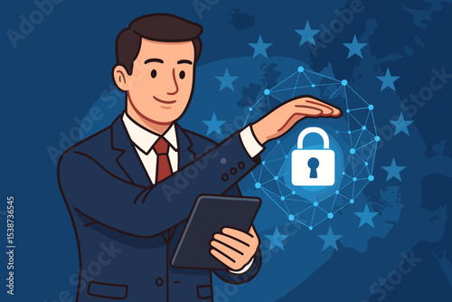 Data protection concept for Europe. Businessman with tablet protecting a secure network with a padlock icon. GDPR, cybersecurity, and digital privacy regulation compliance.