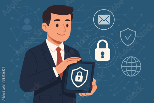 Data protection and cybersecurity concept. Businessman holding tablet with security shield icon for internet privacy. Information safety, network security, and GDPR illustration.
