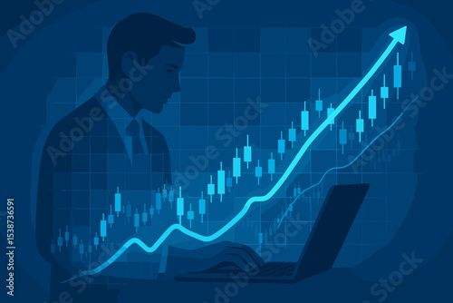 Financial investment and stock market trading concept. Businessman analyst using laptop to check data. Forex candlestick chart with upward trend arrow showing growth and success.