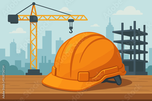Construction site vector illustration with orange safety hard hat in the foreground. Building industry concept with tower crane, cityscape skyline, and structure development.