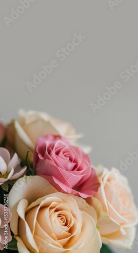 Close up of a plush bouquet of pink and yellow rose flowers with a light flat gray background empty space for text for banner ot post. Romantic and elegant ambiance.	