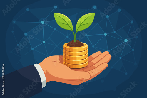 Investment and financial growth concept. Businessman hand nurturing a plant growing from a stack of money coins. Metaphor for savings, profit, wealth, and successful ROI.