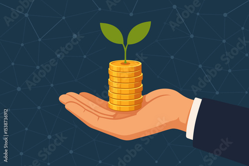 Financial growth and investment concept. Businessman hand holding stack of gold coins with a green plant sprout. Metaphor for return on investment, savings, profit, wealth, success.