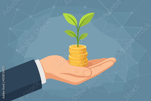 Financial growth and investment concept. Businessman hand holding gold coins with a green plant growing. Metaphor for profit, savings, wealth, business success and return on investment.
