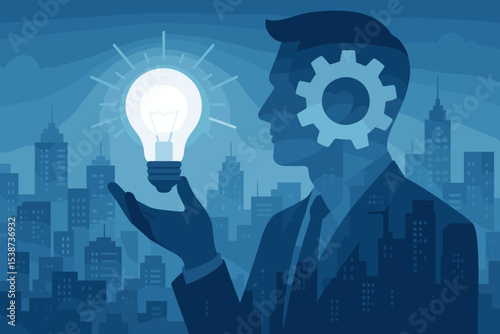 Businessman with a gear in head holding a bright idea lightbulb. Innovative business vision concept. Creative solution, intelligence, and strategy for corporate success in the city.