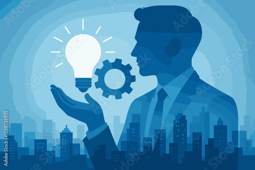 Innovative business vision concept. Businessman silhouette with lightbulb idea and gear solution. Corporate strategy, creativity, technology, leadership, success. Cityscape background.