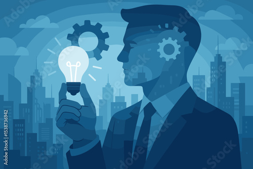 Creative business idea concept. Businessman silhouette with gears in head holds a glowing light bulb. Symbol of innovation, strategy, solution and success in a corporate city.