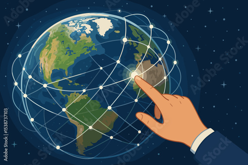 Global network connection, technology and communication concept. Businessman hand touching planet Earth. Worldwide internet, digital grid, data exchange, and international business.