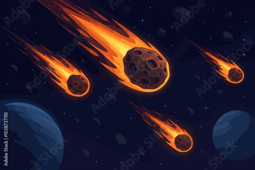 Cartoon vector illustration of a meteor shower in deep space. Fiery, burning comets and asteroids flying towards a planet. Apocalyptic concept of cosmic danger, impact, and extinction.