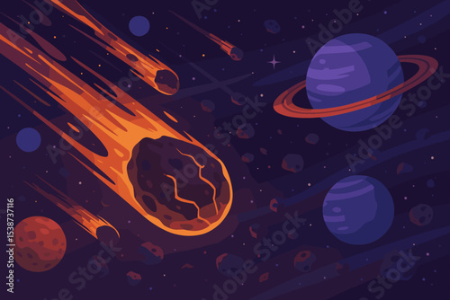 Deep space background with burning meteorite shower. Vector illustration of cosmos, planets, and asteroids. Cartoon outer space scene for science fiction or astronomy concepts.