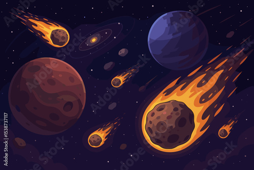 Cartoon space scene with burning meteorites and planets. Vector illustration of a meteor shower in the cosmos. Sci-fi concept with flying asteroids, stars, and a distant galaxy.