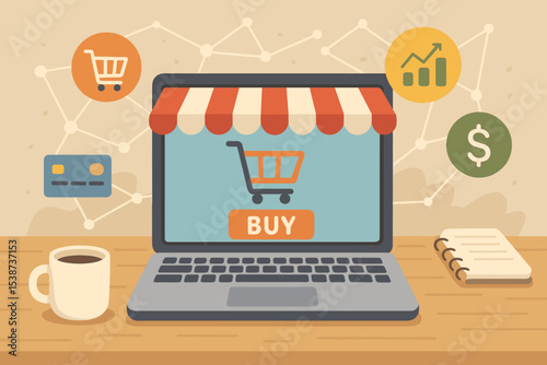 Online shopping vector illustration. Digital marketing and e-commerce business concept. Laptop with web store, cart, and buy button. Credit card, money and growth chart icons.