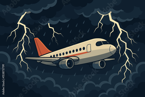 Airplane flying through a dangerous thunderstorm with lightning and rain. Vector concept of flight turbulence, aerophobia, bad weather, and travel risk. Aviation cartoon.