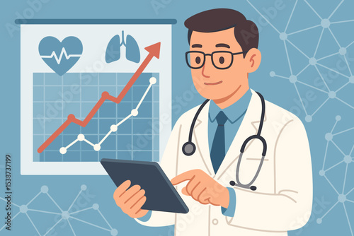 Doctor analyzing healthcare data on a tablet. Medical professional studies a growth chart with heart and lungs icons. Concept for health informatics, research, innovation, and EMR.