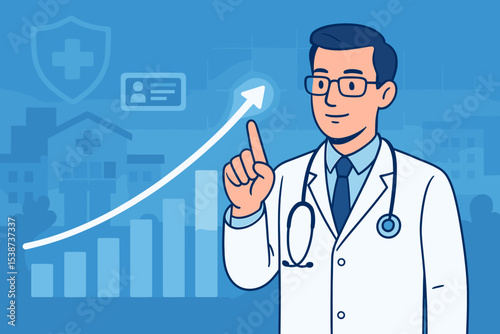 Healthcare growth and medical progress concept illustration with doctor, rising bar chart, hospital building, health insurance symbols, medical data and analytics