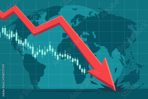 Global stock market crash concept. Red downward arrow, falling financial chart, world map background. Economic recession, financial crisis, trading loss, bear market, investment risk, market collapse.