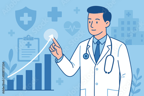 Healthcare growth statistics concept. Doctor pointing at rising bar chart. Medical progress, hospital performance, healthcare improvement, data analysis, patient care, health innovation illustration