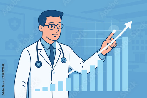 Medical doctor analyzing healthcare growth, hospital success, rising chart, health industry progress, stethoscope, medicine improvement, clinic management, vector illustration, blue background