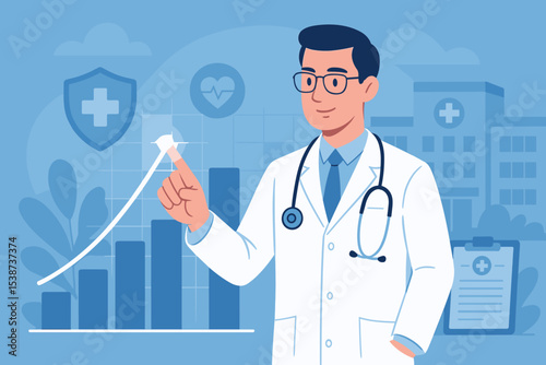 Medical professional analyzing healthcare growth chart. Rising hospital statistics, stethoscope, bar graph, health improvement, digital innovation in medicine, hospital success strategy