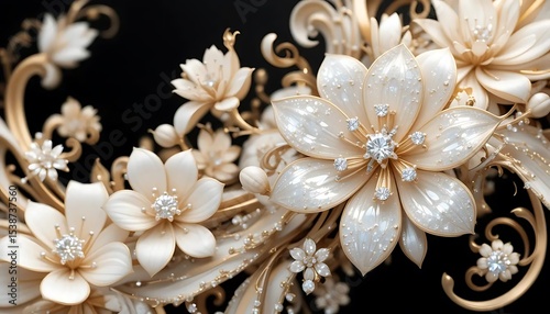 Elegant white flowers with gold accents and crystal embellishments in luxurious 3D style. Perfect for wedding decor, luxury branding, or background designs.