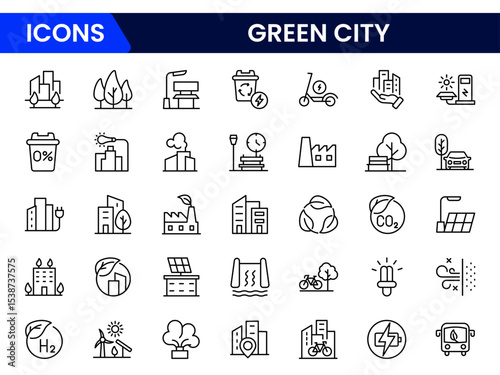 Sustainable vector web line icons depicting green cities, eco-friendly infrastructure, renewable energy, urban greenery, and environmentally conscious living.
