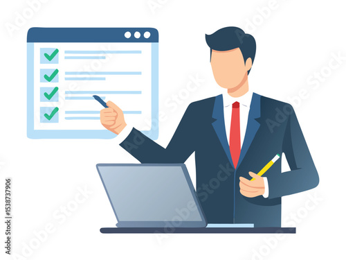 Businessman use pen to tick correct sign mark in checkbox for quality document control checklist and business approve project concept.