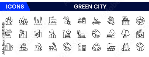 Sustainable vector web line icons depicting green cities, eco-friendly infrastructure, renewable energy, urban greenery, and environmentally conscious living.