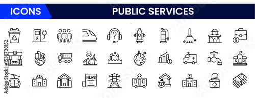 Essential vector web line icons depicting public services, healthcare, education, safety, utilities, and community support for societal well-being.