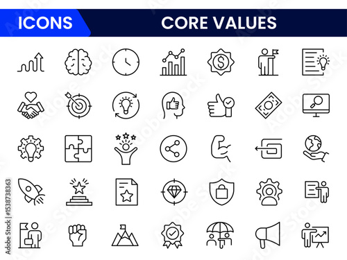 Inspiring vector web line icons depicting core values, integrity, teamwork, trust, ethics, and principles for organizational culture and growth.