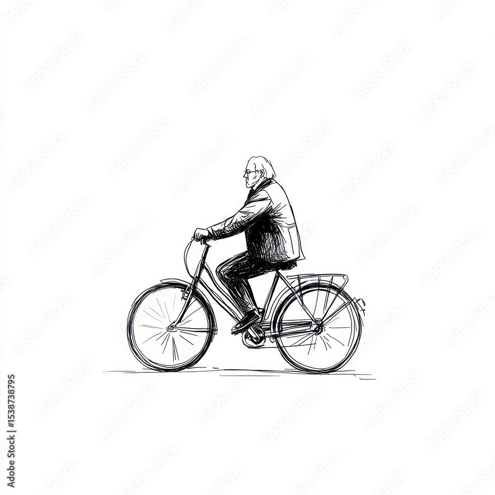 Naklejka premium A Sketch of an Elderly Man Cycling on a Sunny Day