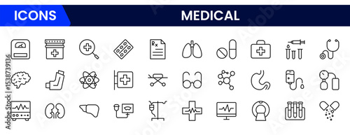 Precise vector web line icons depicting medical care, healthcare tools, diagnostics, treatment, and wellness for patient health and support.
