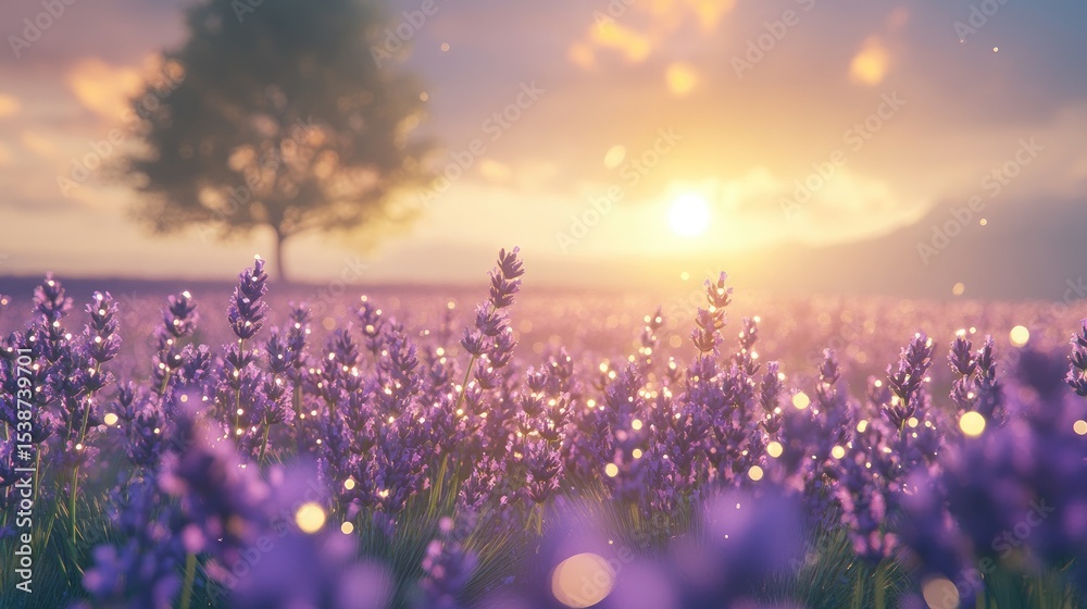 Naklejka premium Serene Sunset Over Lavender Field with Soft Glowing Lights and Tree Silhouette in Background